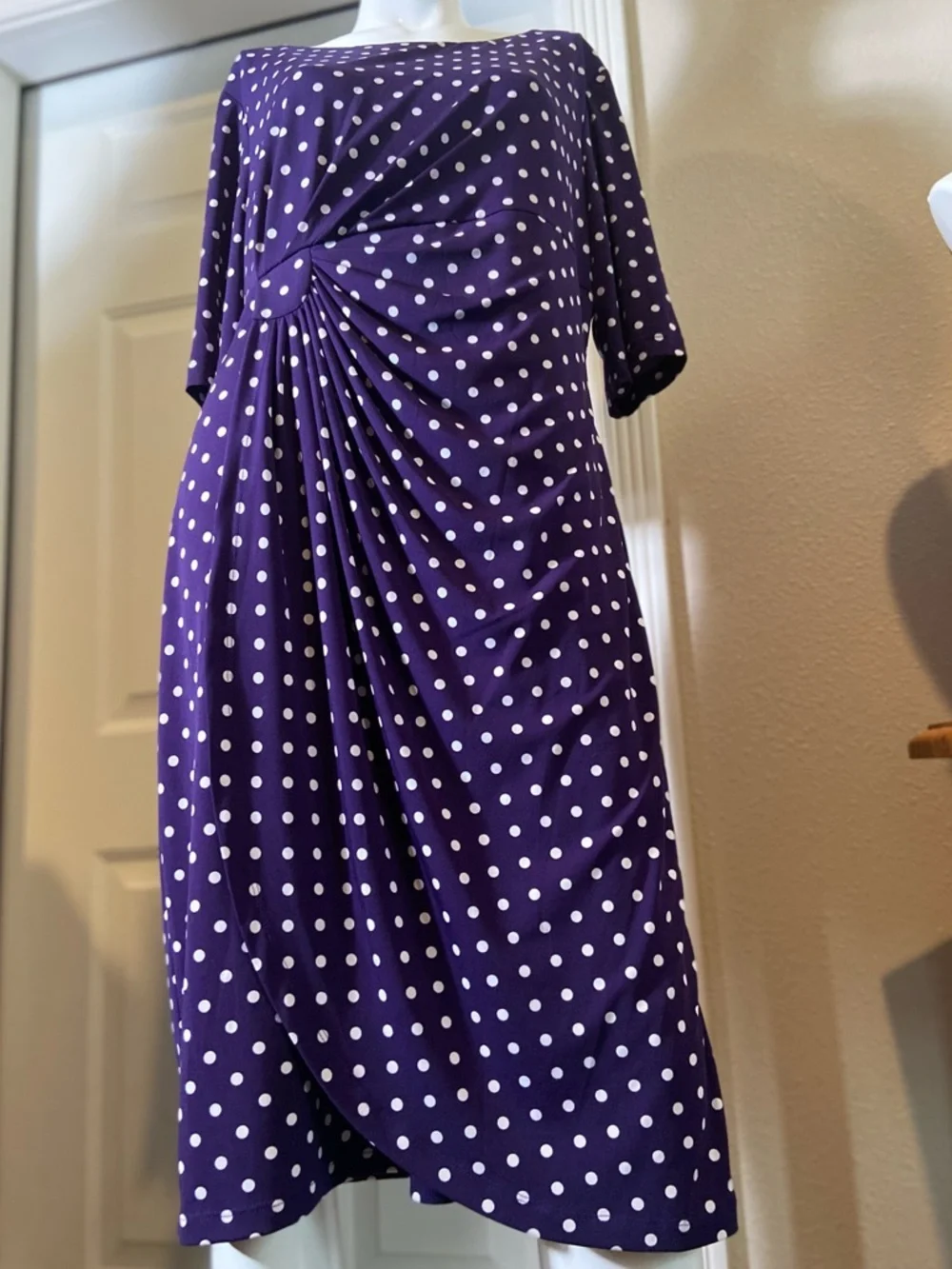 Connected Apparel~Polka Dot~Wrap Dress~Sunburst Side Pleats~1/2 Sleeve~Size 16
